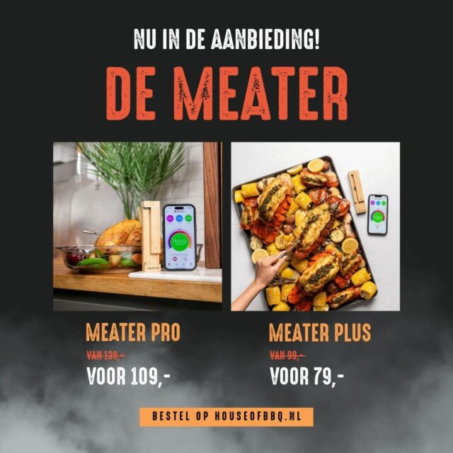 𝗦𝗹𝗶𝗺𝗺𝗲𝗿 𝗴𝗿𝗶𝗹𝗹𝗲𝗻 𝗺𝗲𝘁 𝗱𝗲 𝗠𝗲𝗮𝘁𝗲𝗿 𝗣𝗿𝗼 𝗲𝗻 𝗠𝗲𝗮𝘁𝗲𝗿 𝗣𝗹𝘂𝘀 🔥

Wie regelmatig met vlees werkt, weet dat temperatuur het verschil maakt tussen “gewoon goed” en “precies zoals je het wil”. 

De Meater heeft dat al jaren simpel gemaakt, en deze week liggen zowel de Meater Pro als de Meater Plus in de aanbieding.

- De Meater Pro gaat van 139 naar 109 euro.
- De Meater Plus gaat van 99 naar 79 euro.

𝗛𝗲𝘁 𝘃𝗲𝗿𝘀𝗰𝗵𝗶𝗹 𝘁𝘂𝘀𝘀𝗲𝗻 𝗱𝗲 𝘁𝘄𝗲𝗲 𝘂𝗶𝘁𝗴𝗲𝗹𝗲𝗴𝗱:
De Meater Plus is ideaal voor standaard BBQ’s, ovens en grills. Je steekt hem in je vlees en je telefoon geeft exact aan wanneer het klaar is.

De Meater Pro heeft extra bereik en kan tegen hogere temperaturen. Handig wanneer je werkt met grotere stukken vlees, langere sessies of een kamado waar je het signaal anders kwijtraakt. 🔥📡

Beide modellen zijn draadloos, makkelijk te koppelen en helpen je om keer op keer dezelfde kwaliteit te halen zonder gokken of snijden.

Bestellen kan uiteraard via www.houseofbbq.nl of in de winkel. De actie geldt t/m 9 december.