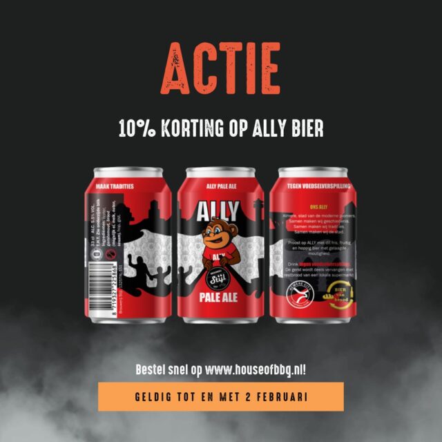🍺 Ally Bier – nu 10% korting

Hét bier van ALLY. Hét bier van Almere.
Ally is een fris, fruitig en hoppig bier, gebrouwen met restbrood van lokale supermarkten. Zo smaakt duurzaamheid extra goed.
Ontstaan uit een samenwerking met Almere City FC en natuurlijk mascotte Ally de Aap – lokaal, eigenwijs en vol karakter.

👉 www.houseofbbq.nl